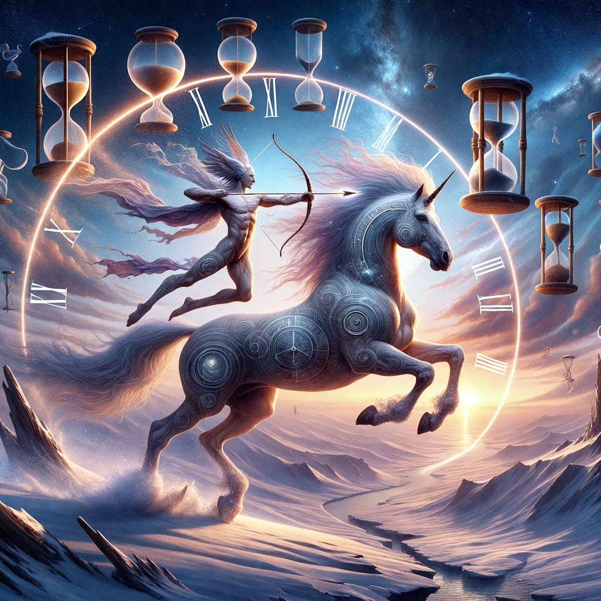 Primary subject: A man riding a horse with a bow and arrow.

Setting/background: The scene takes place in a snowy landscape, with a clock in the background.

Visual style: The image is a digital art or illustration.

Colors and mood: The colors are predominantly white and blue, giving the scene a cold and serene atmosphere.